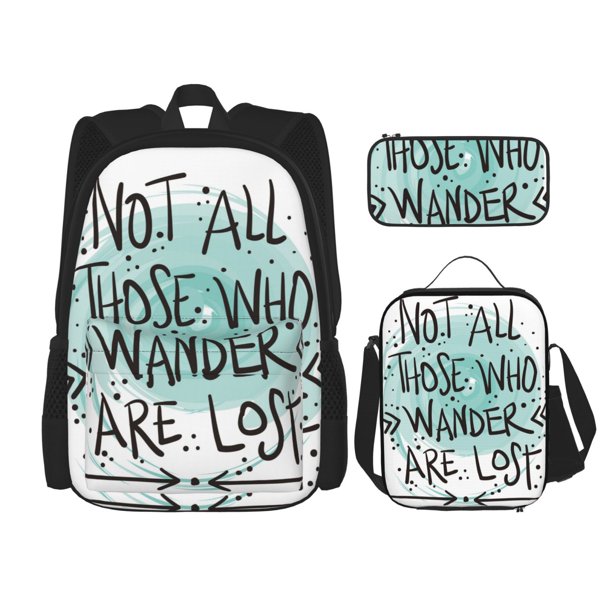 Balery Not All Who Wander Are Lost1 Mochila escolar 3 en 1 para niños: mochila resistente con lonchera térmica y estuche para lápices. Mochila escolar para niños y niñas.