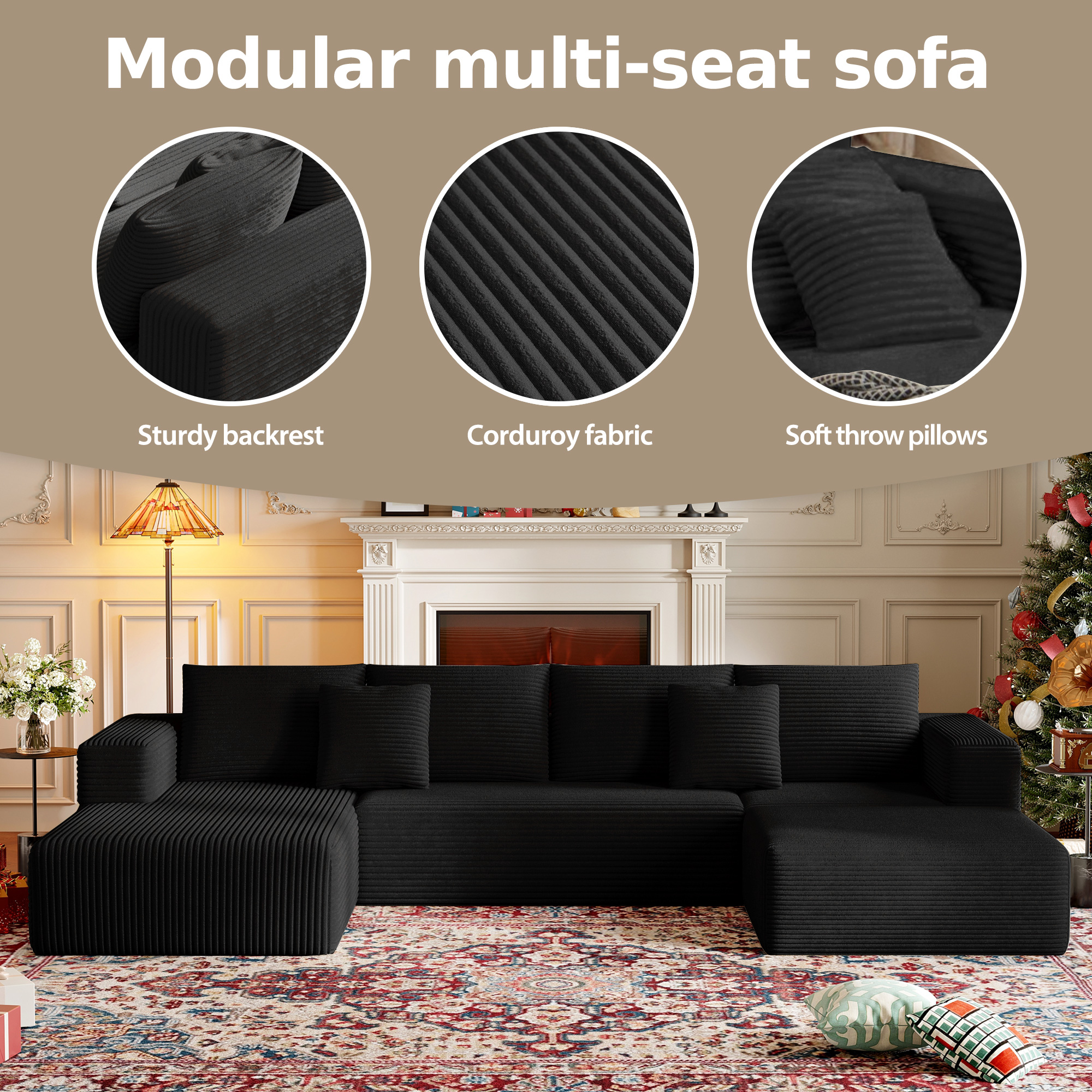 DILORA Large U-Shaped Cloud Sectional Sofa Modular Compressed 134 Inches Black 3 Packages