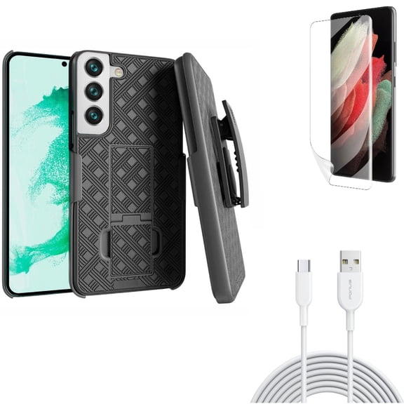 6ft USB-C Cable & Case Belt Clip & Matte Screen Protector for Samsung Galaxy S22 Plus (S22 ) - Combo Type-C Fast Charger Cord & Holster Swivel Cover & TPU Film Anti-Glare