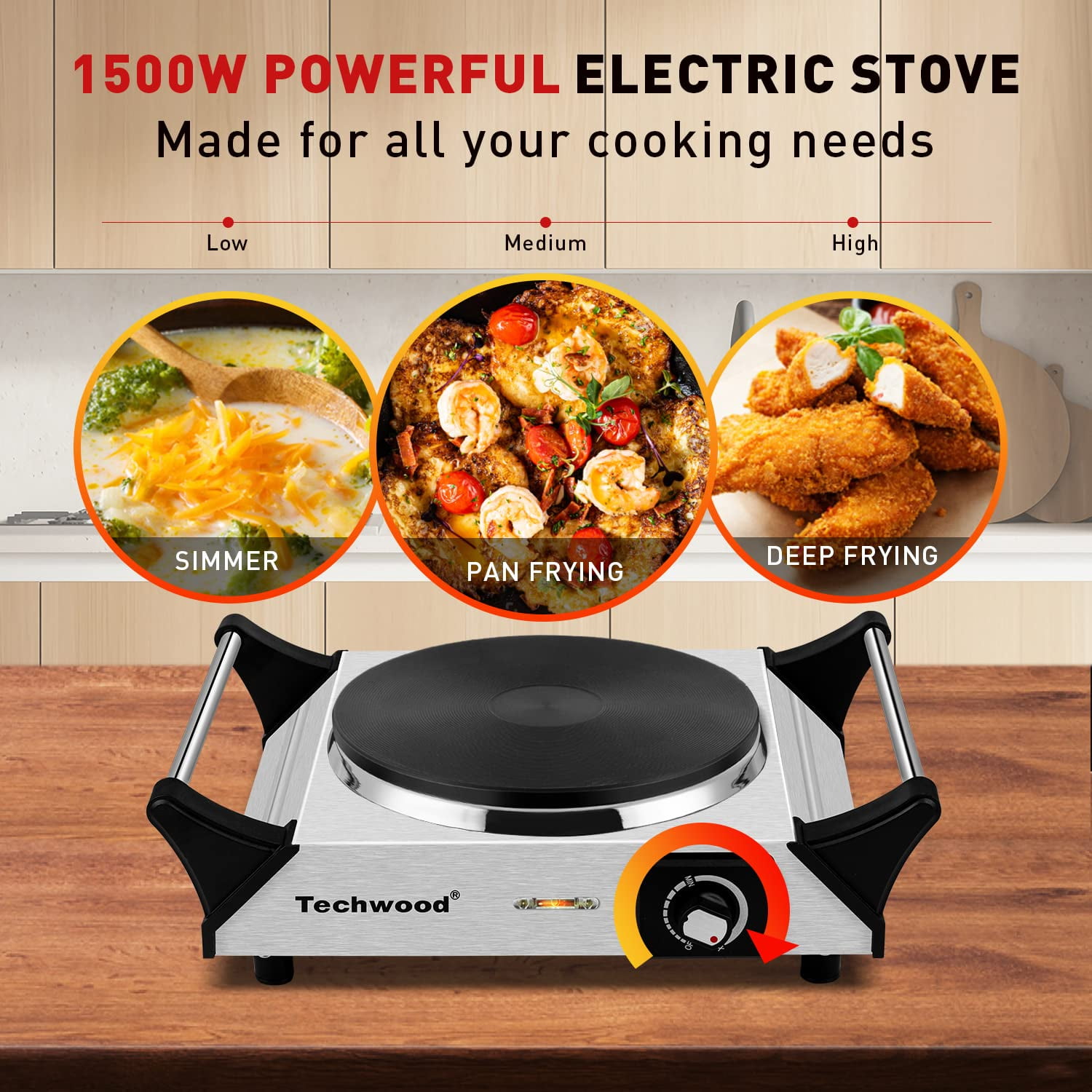 Techwood 1500W Portable Electric Hot Plate Single Burner 13.78 Inch Stainless Steel