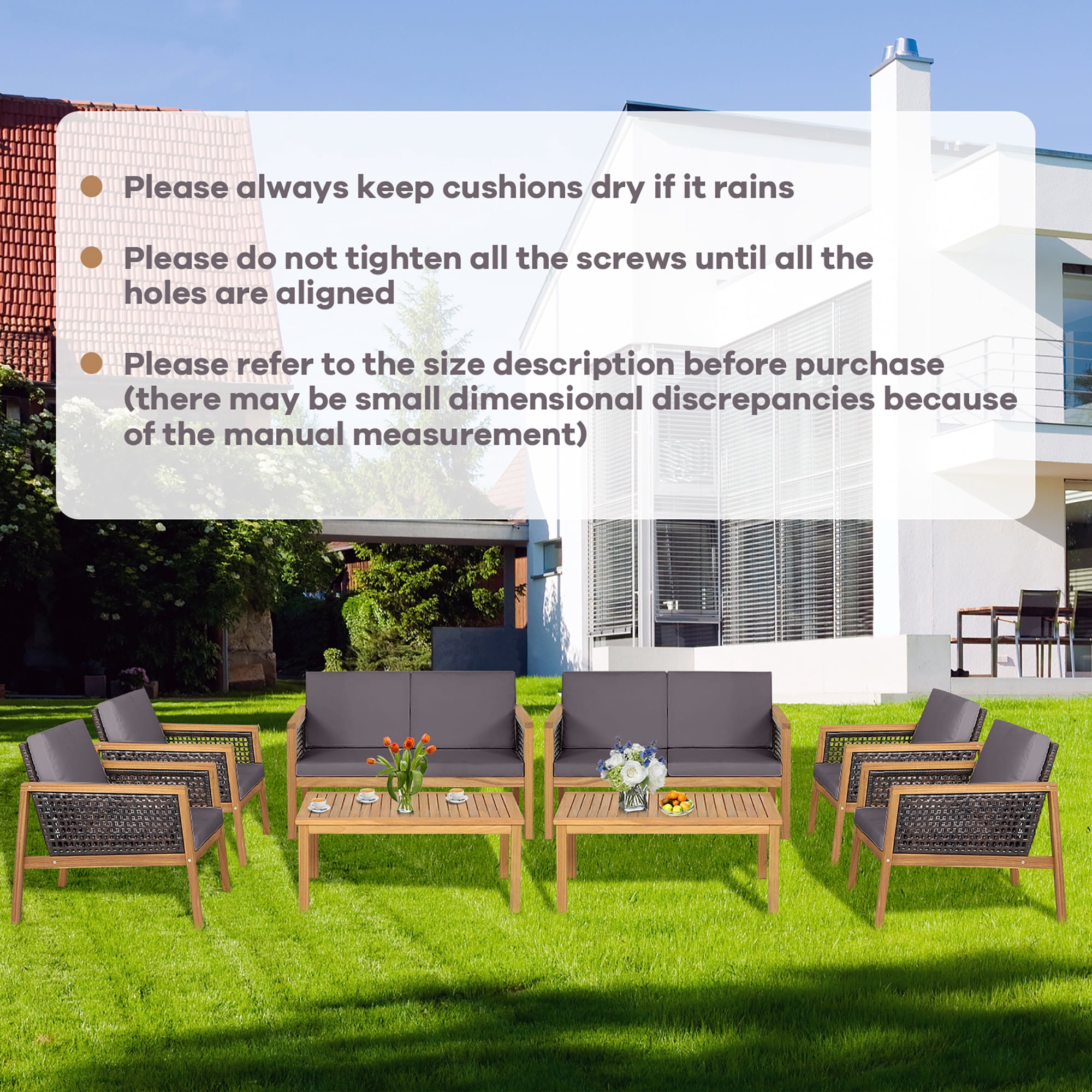 Costway 4PCS Patio Rattan Furniture Set Acacia Wood Cushioned Sofa Gray