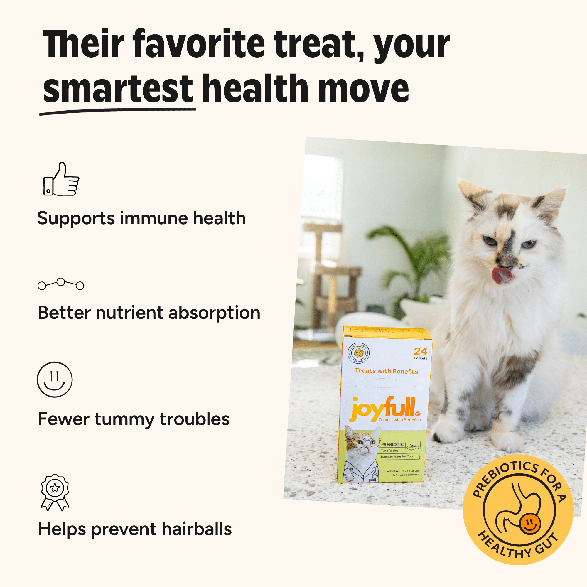 Joyfull Lickable Cat Treats with Prebiotics – Wild-Caught Tuna – Supports Digestive Health – 24 Tubes (0.5 oz Each)