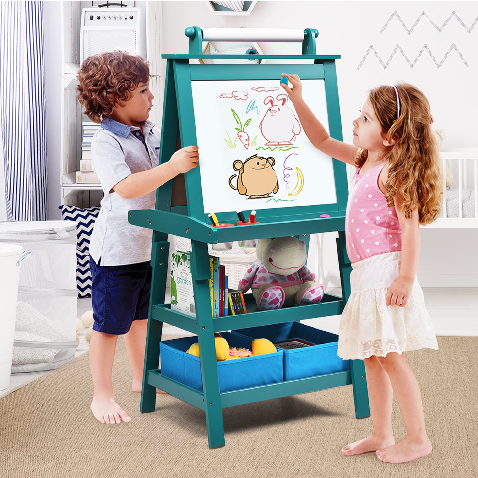 Gymax 3 in 1 Double-Sided Storage Art Easel w/Paint Cups for Kid Writing Teal Frosting