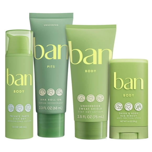 Ban Total Body Lot de 4: Déodorant Roll-On Non Parfumé 2.3oz, Lotion Désodorisante pour Parties Intimes 1.5oz, Baume Anti-Friction pour Cuisses et Corps 1.4oz, et Anti-Transpiration sous le Bouffon