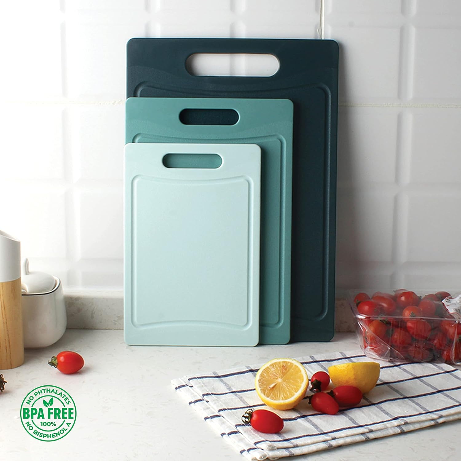 COOK WITH COLOR 3-Piece Cutting Board Set, Non-slip Chopping Board Kitchen Utensils Set Home Essentials, Teal