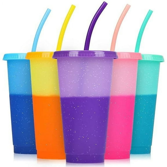 TORUBIA Reusable Plastic Cups with Lids & Straws - 5 Pack Color Changing Cup | 24oz Bulk Ice Cold Drinking Straw Tumbler for Kids & Adults