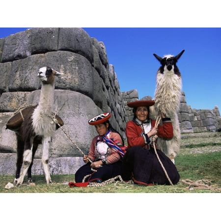 Local Indian Women with Domestic Llamas, Sacsayhumman, Cusco, Peru, South America Print Wall Art By Pete