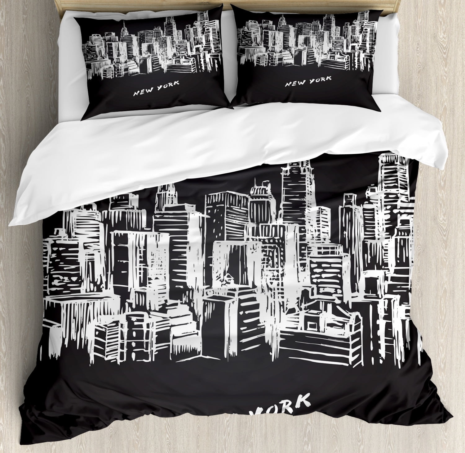 NYC Duvet Cover Set, Modern and Metropolitan Hand Drawn City Buildings