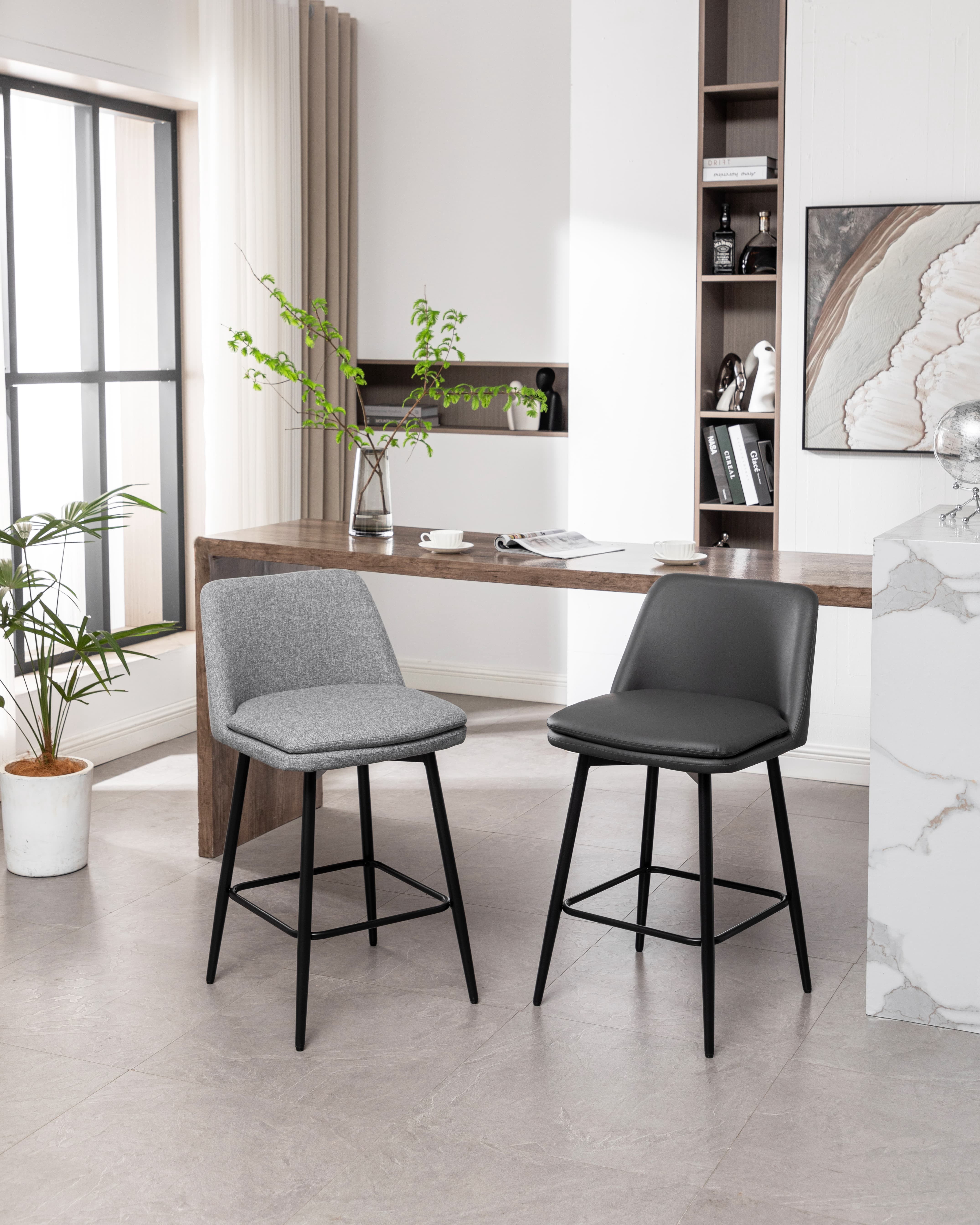 MAYEERTY Counter Height Swivel Bar Stools Set of 2 360° Swivel Upholstered 25.6 Seat Height Faux Leather Gray Kitchen Island Pub
