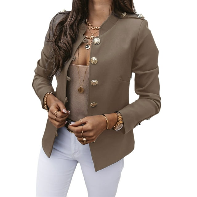 Innerwin Business Jackets V Neck Women Blazers Work Solid Color Slim Fit Cardigan Jacket Khaki S