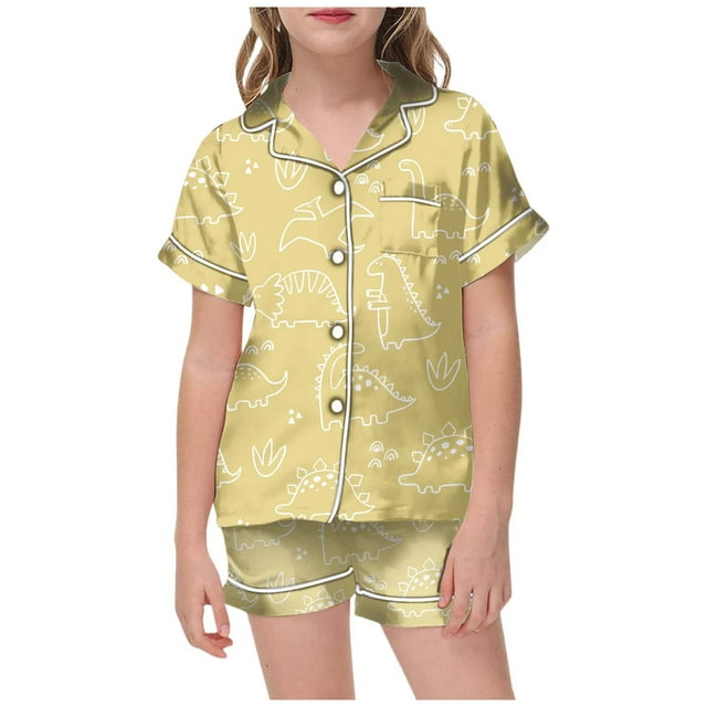 Ensemble de Pyjamas en Satin pour Garçons Manches Courtes Imprimées Pyjamas Boutonnés Ensemble de Pyjamas Décontractés Pyjamas pour Filles Garçons Filles Mode