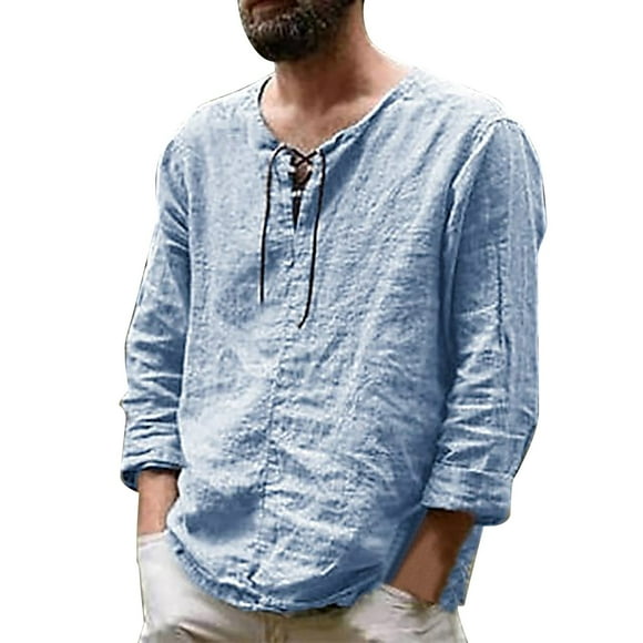 Camisetas de manga larga con cuello en V para hombre: mezcla de algodón, diseño elegante con costuras, fáciles de combinar con pantalones cortos/vaqueros, ideales para uso informal/diario, tallas S