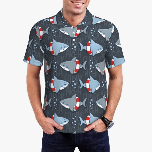Fotbe Shark Wearing Swim Ring Camiseta Polo de Golf para Hombre con Estampado – Camisa Deportiva Transpirable con Cuello Abotonado-Large
