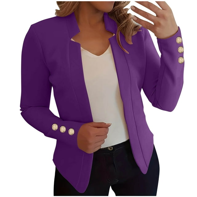 BiZtdJrK Spring Savings! Womens Business Casual Outfits Button Trims Long Sleeve Lapel Blazers Open Front Solid Color Fall Suits Jackets Purple XL