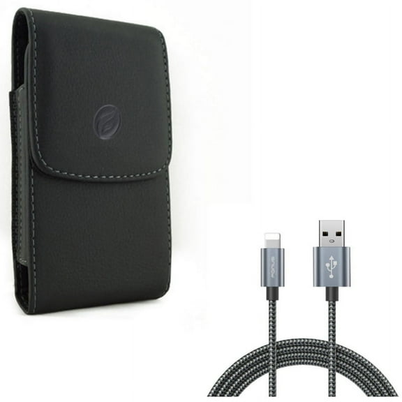 Charger Cord 10ft USB Cable w Leather Case Belt Clip for iPhone XS X 8 7 6S 6 - Power Wire Braided Long Sync Fast Charge, Holster Cover Pouch Vertical Carry Protective