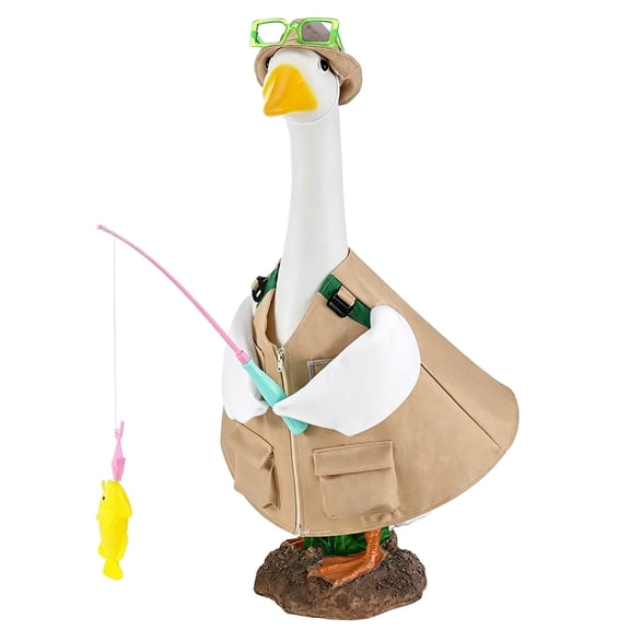 RUINIXCW Porch Goose Fishing Outfit Fisherman Porch Goose Outfits for 23 inch Cement Plastic Goose Statue Garden Porch Goose Clothes Hat Glasses Rod and Fish Toy Set Yard Patio Lawn Decor (No Goose)