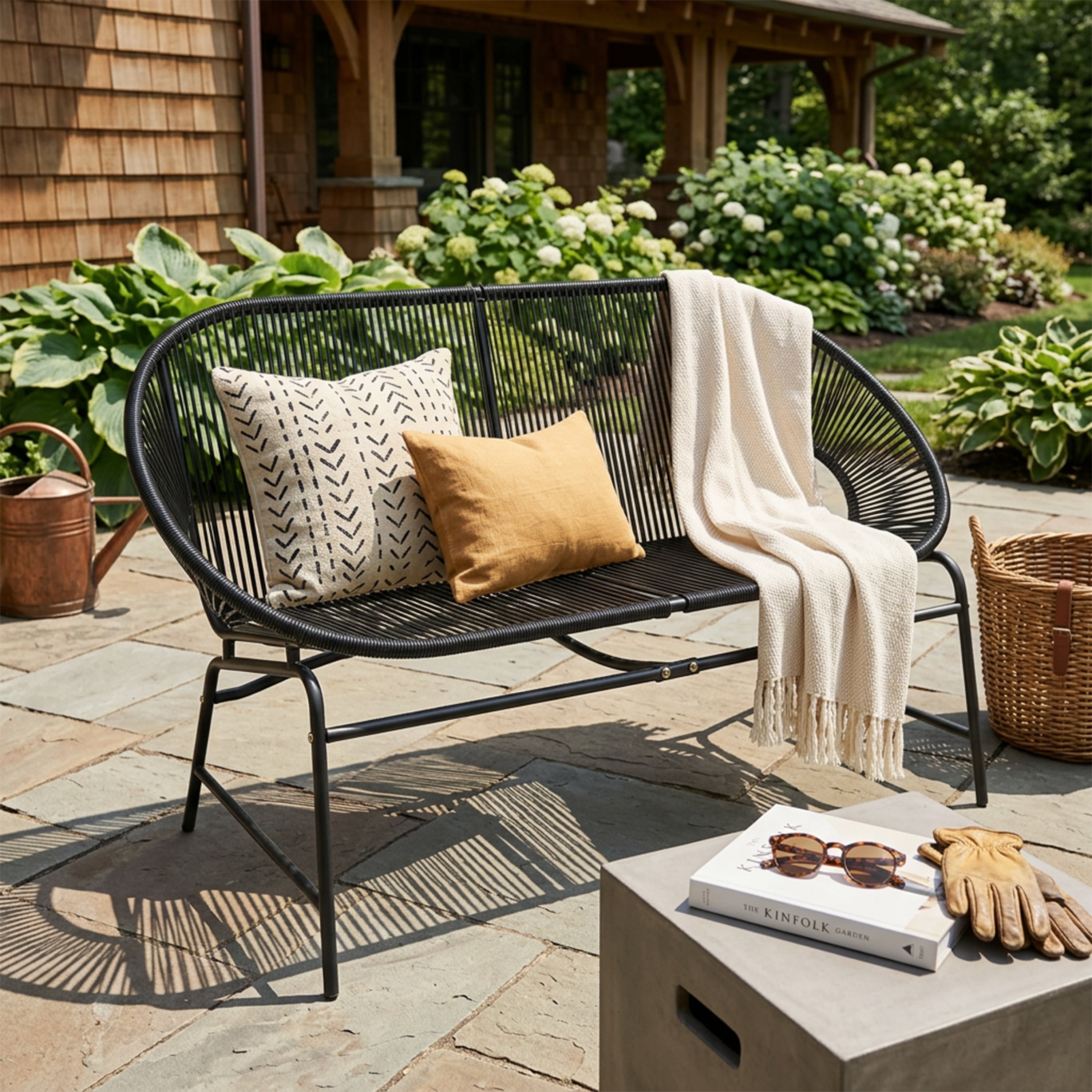 Outdoor PE Rattan Wicker Loveseat with Iron Frame for Porch Garden Balcony, Black