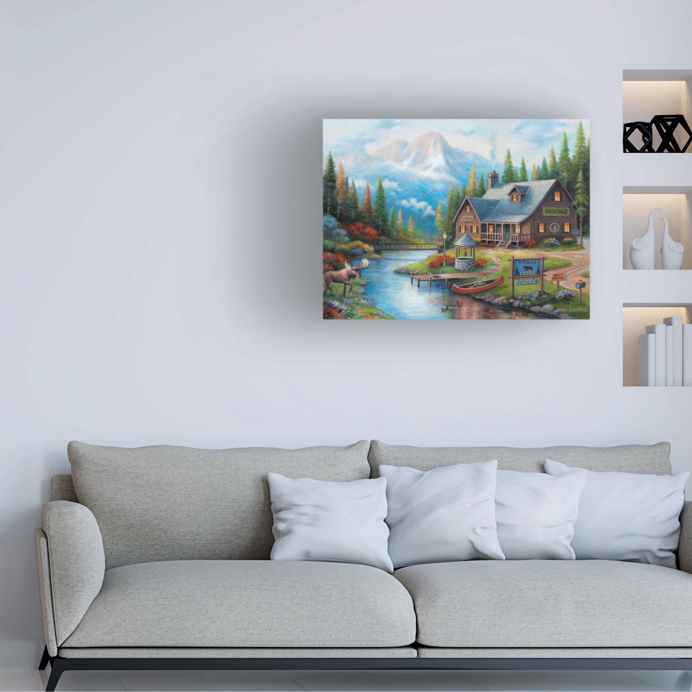 Canvas Wall Art - John Zaccheo 'Moose Creek Lodge' Wall Art for Living Room, Bedroom, or Office Décor by Trademark Fine Art - 32 x 24 Inches