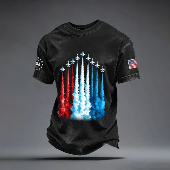 ZHOGXU Men T Shirt Short Sleeve Round Neck Patriotic Graphic Print Comfortable Breathable Tee Top For Independence Day Celebration,Black,L