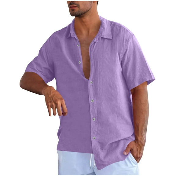 IYTR Mens Short Sleeve Button Up Casual Shirts Loose Fashion Solid Lightweight Lapel Dress Shirts (Purple,S)