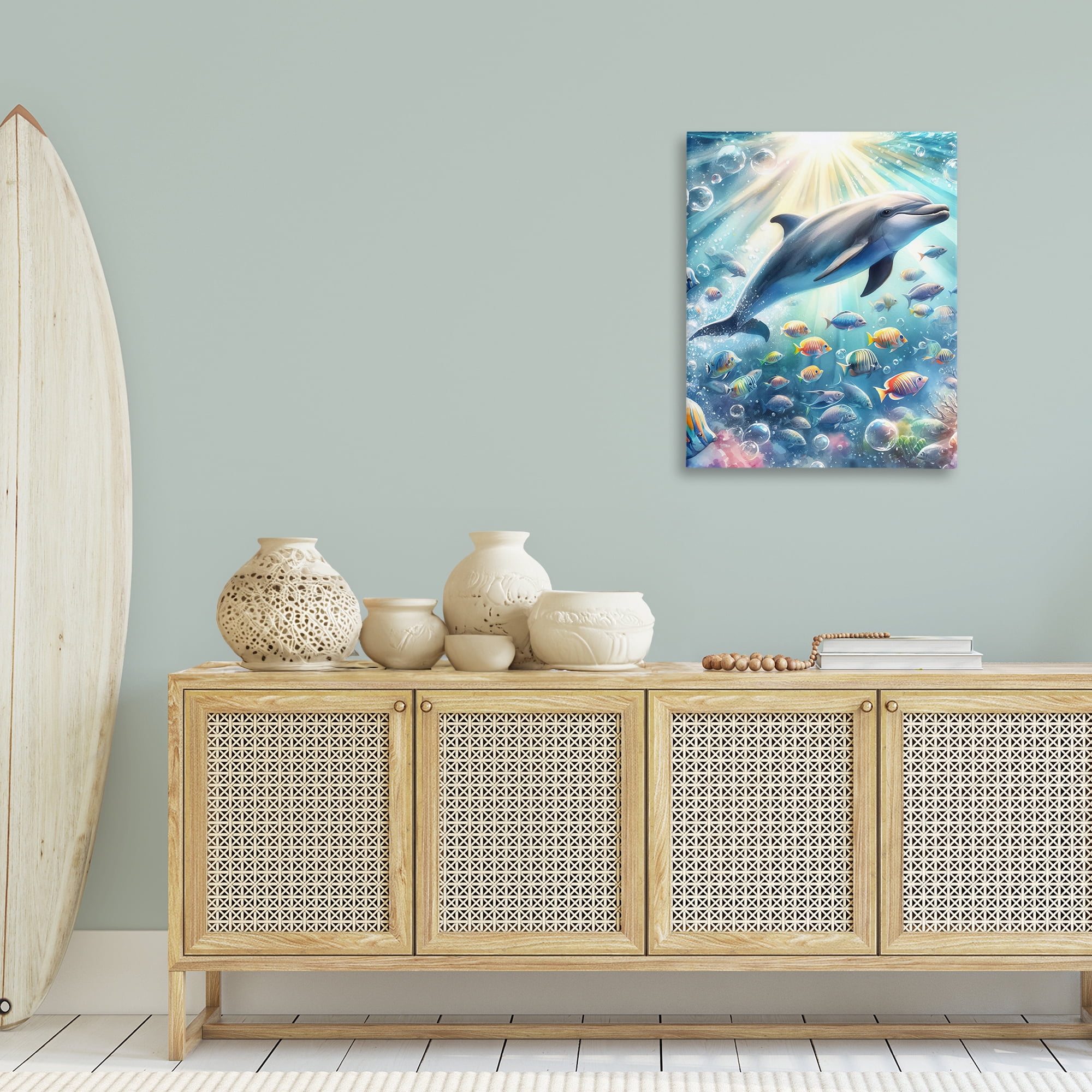 Stupell Industries Dolphin Among Sea Life Nautical & Beach Painting Wrapped Canvas Art Print Wall Art, 24 x 30