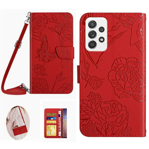 Allytech Samsung Galalxy A53 5G Phone Case Wallet, With Hand Wrist PU Leahter Butterfly Flower Embossed Flip Magnetic Closure Stand Shell Cover - Red