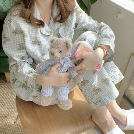 

Plaid Casual Pajama Sets Women Single Breasted Ins Japan Turn-down Collar Nightwear Spring Fall Elastic Waist Homewear New Mujer