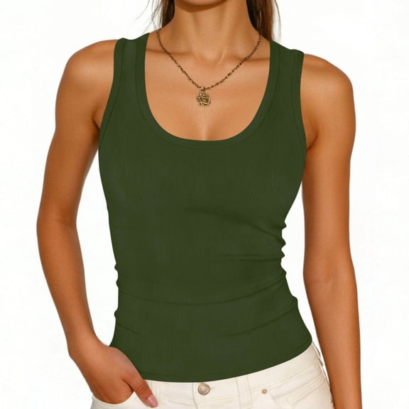 Karymi T Shirts for Women Solid U-Neck Ribbed Knit Sleeveless Tank Top, Slim Fit Basic Casual Cami Vest for Summer Daily Outfit Going Out Tops for Women
