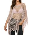 thumbnail image 2 of Women's Fringe Tassel Hollow Out Knit Beach Cover Up, Lightweight Flowy Poncho with Side Split Design, for Summer Poolside, Seaside Vacation or Resort Wear Pink One Size, 2 of 4