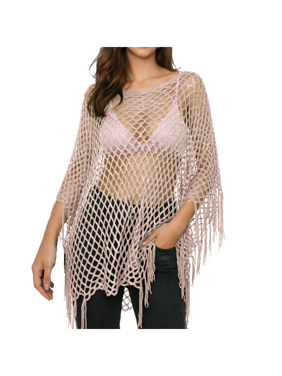 Women Sheer Poncho Top See Through Sequin Fishnet Shawl Knit Shrug Shawl Beach Outfits Lightweight Knit Crochet Shrug Bolero Mesh Batwing Sleeve Sweater Cover Up Beachwear