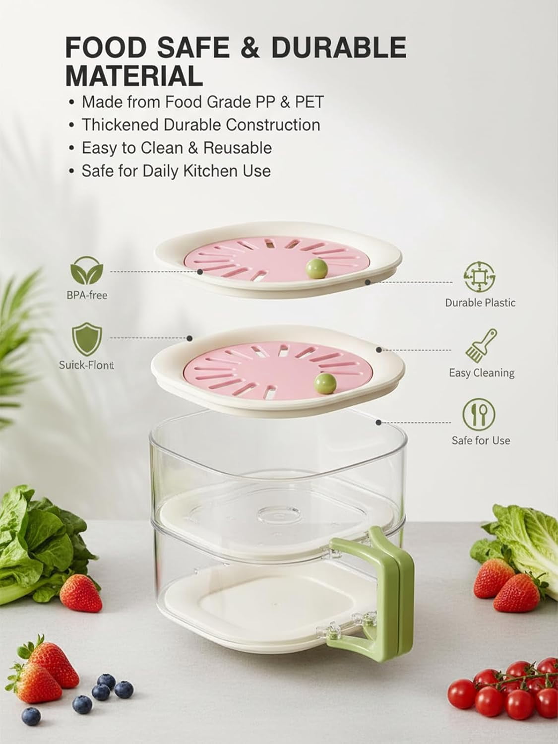 2-in-1 Draining and Preservation Basket, Fruit Washing Bowl with Strainer and Lid, Vegetable Washer Container for Kitchen and Fridge Storage