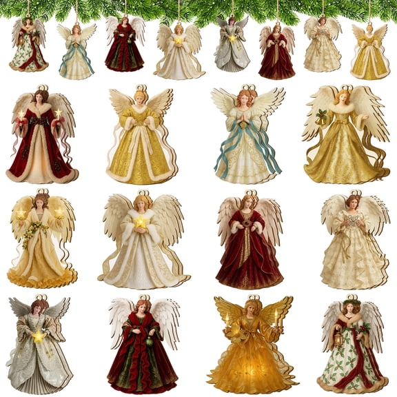 EBaokuup 24 Pcs Christmas Wooden Angel Ornaments, 12 Designs, Hanging Angel Decor for Xmas Tree and Holiday Decor