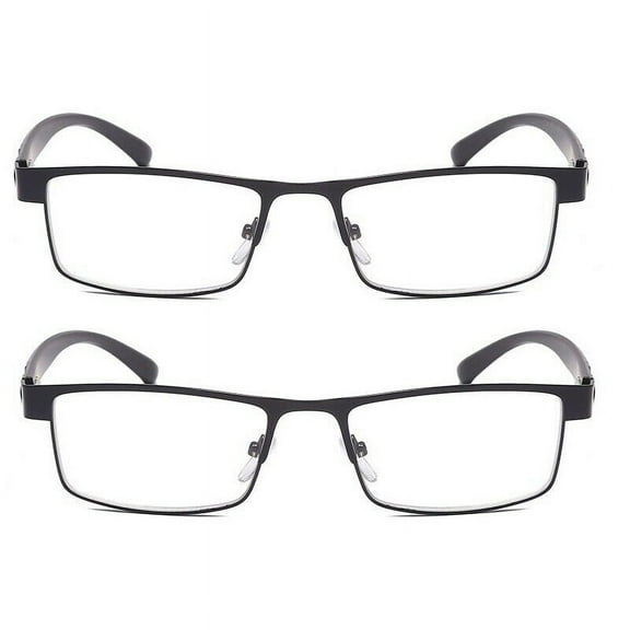 2 Packs Mens Rectangular Classic Metal Frame Reading Glasses Black Spring Hinge Readers 1.00