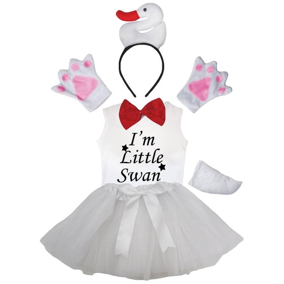 Petitebelle Swan Headband Bowtie Tail Gloves Tutu Shirt 6pc Costume (White, 4-5 Years)