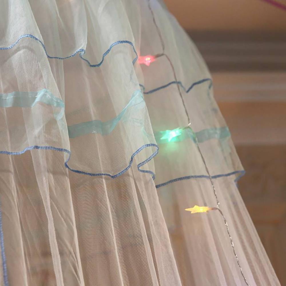 Bed Canopy, Bed Curtain for King Size, Canopy Bed Curtains Round Lace Dome, Bedroom Indoor Outdoor Decor for Girls Boys Adults, with String Lights, White