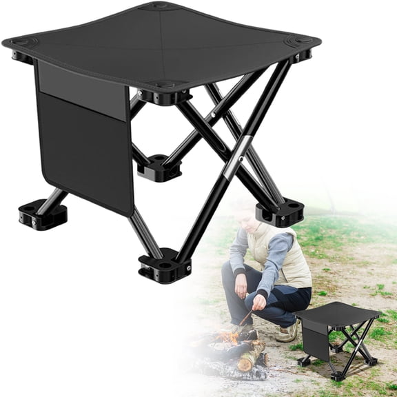 Camping Stool, Compact Camping Chair Portable, 11 Inch Lightweight Folding Stool Seat with Side Pocket for Outdoor Hiking Fishing Picnic Beach and Lawn Party, Supports 220 lbs(Black)