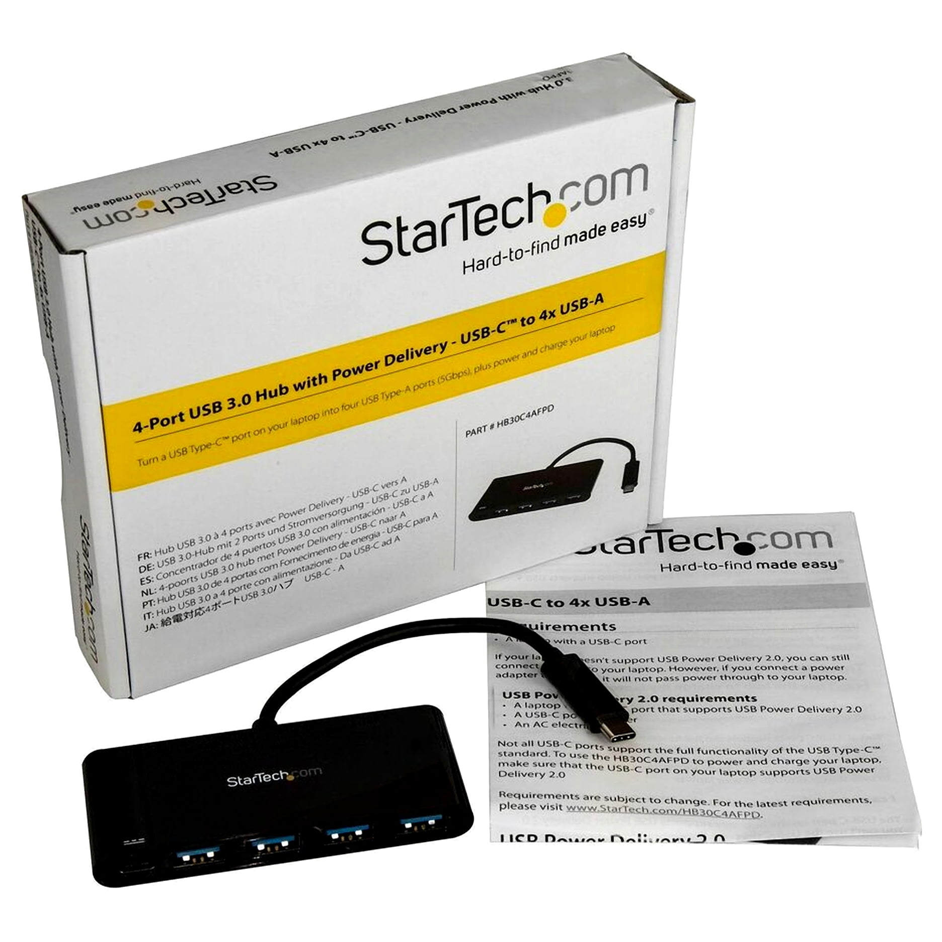 StarTech 4-Port USB-C Hub with Power Delivery - USB-C to 4x USB-A - USB 3.0 Hub