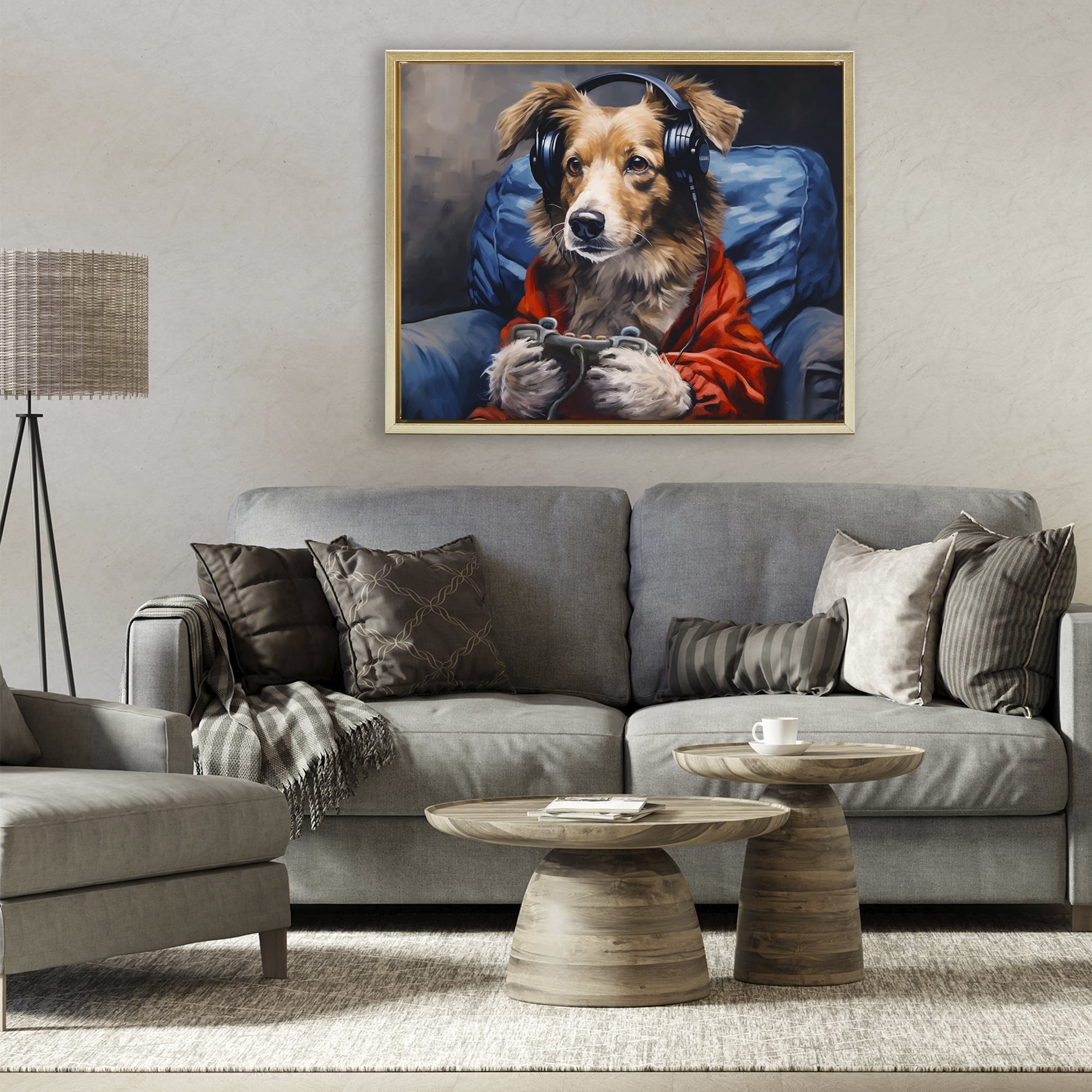 Game Master Dog Gold Framed Floater Canvas Wall Art, design by Shawna Stewart