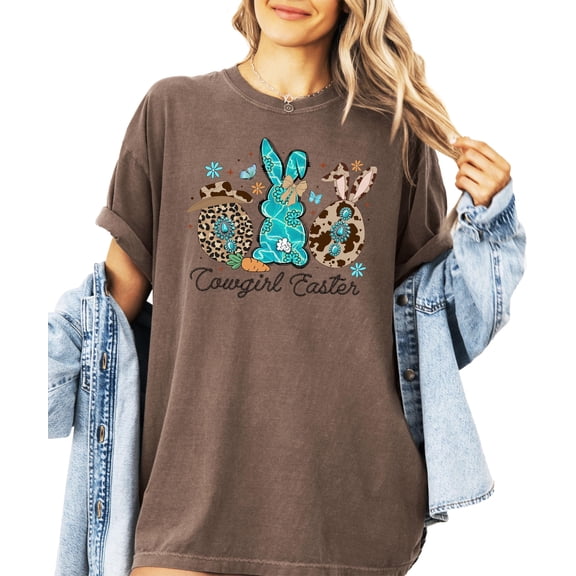 Cowgirl Easter Bunnies Shirt for Women and Teens Western Cow Print Hat and Bunny Tee Espresso Shirt Adult 2XL