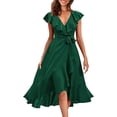 thumbnail image 3 of Womens Midi Dress V Neck Short Sleeve Ruffle Hem Tie Waist Dress for Beach Casual Boho Wedding Guest, 3 of 8
