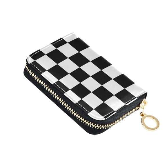 Black-white Plaid Women's Credit Card Holder PU Leather Zipper Wallet RFID Blocking