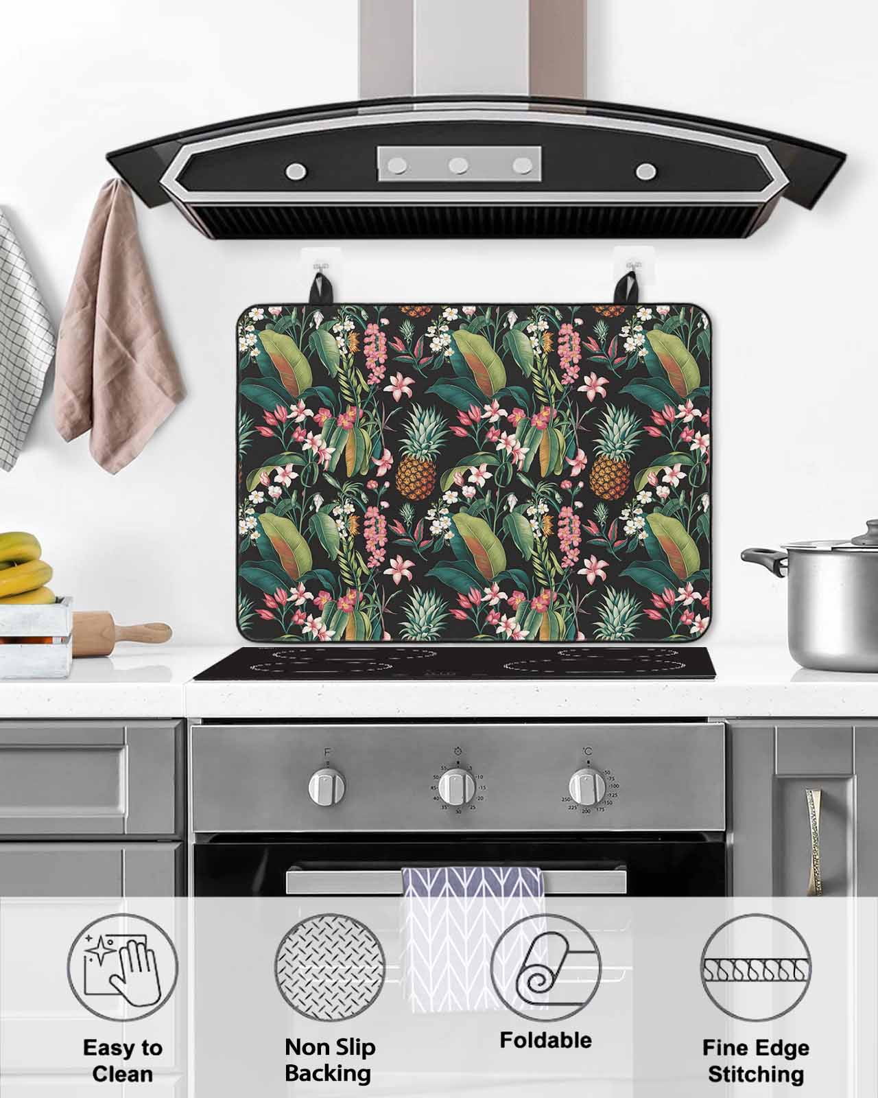 nqOlkjepod Large Induction Cooktop Protector Mat 36"x21", Summer Tropical Stove Top Covers for Electric Stove, Pineapple Floral Botanical Leaves Stove Burner Cover Mats, Glass Top Stove Cover