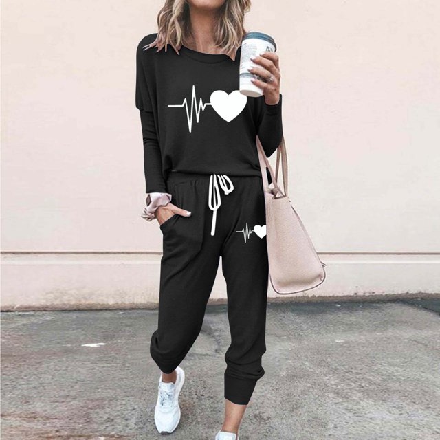 Puntoco Conjuntos de pijamas cómodos para mujer, pantalones de manga larga con cuello redondo y estampado de letras de invierno, conjuntos de pijamas informales para el hogar