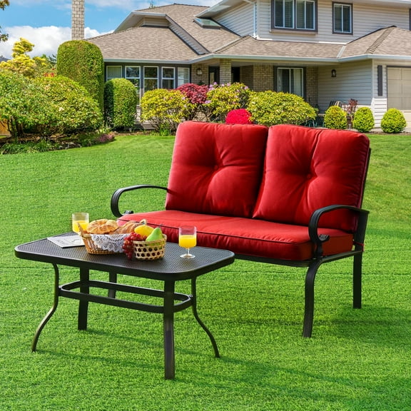 Gymax 2PCS Patio Loveseat & Table Set Conversation Sofa Set w/ Red Cushions