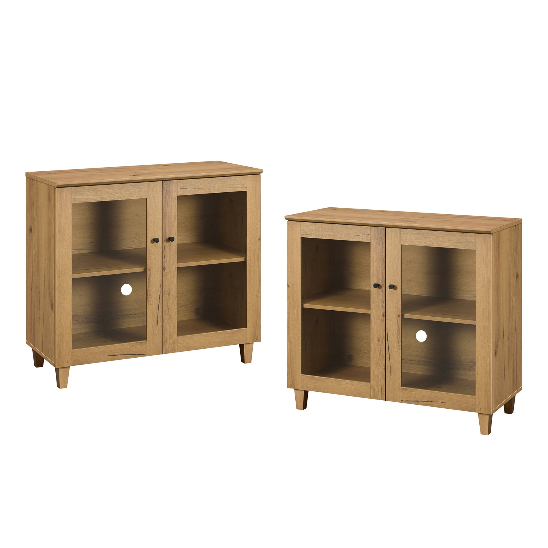 Large Bedroom Nightstands with Glass Doors - Set of 2, Bedside Table with Adjustable Shelf and Cable Management, Brown