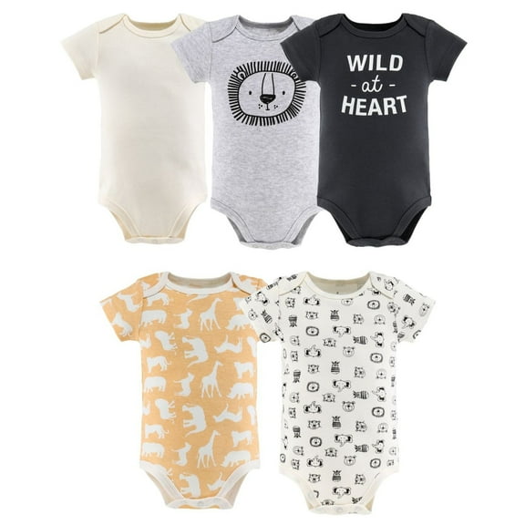 The Peanutshell Baby Boy or Baby Girl Short Sleeve Bodysuit Set, 5 Pack, Safari, Black, White, Sage, Stars