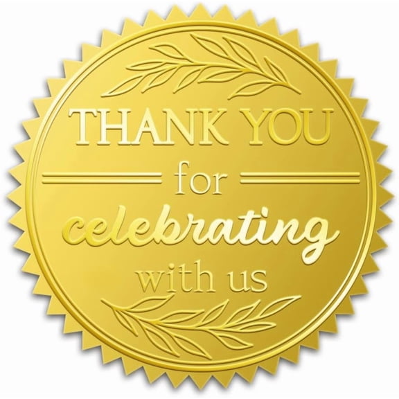 100Pcs Thank You for Celebrating with Us Gold Foil Seal Sticker 2 Inch Thank You Embossed Envelope Seals for Birthday Wedding Graduation Party Favors Decal Self Adhesive Invitation Card Label Gold
