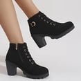 thumbnail image 2 of Women's Winter Warm Ankle Boots: Thick Sole & High Heel - Black PU Leather, Side Zipper with Lace-Up Detail, Plain Toe | Chic Everyday Booties | Faux Fur Lined | Rubber Sole,US Size:6.5-10.5, 2 of 9