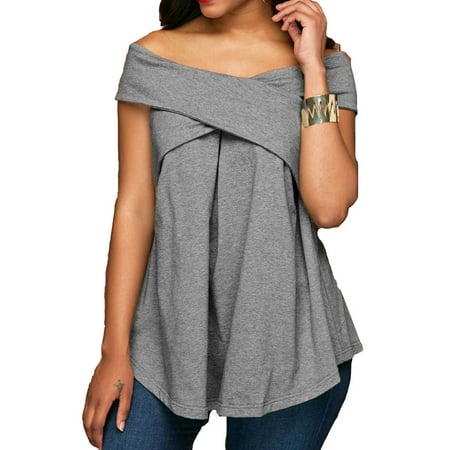 DYMADE Women Sexy Off The Shoulder Criss Cross Tunic T Shirt Tee Top