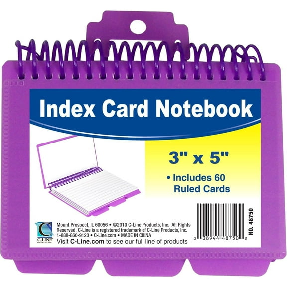 C-Line Spiral Bound Index Card Notebook with Tabs, Includes 60 Ruled 3 x 5 Inch Index Cards, 1 Notebook, Color May Vary 48750